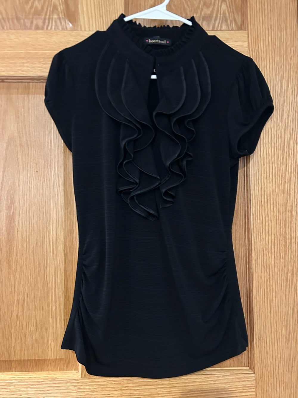 HeartSoul Black Ruffle-Front Short Sleeve Blouse